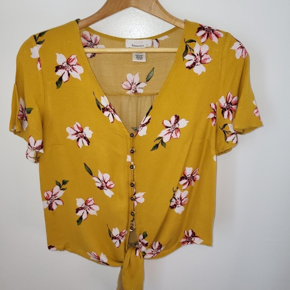 Urban Romantics Small Yellow Women's Tie Front Short Sleeve Top w Flowers Y2K